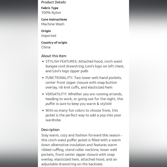 ⛔️SOLD⛔️🆕️NWT Levi's Women's Cinch Waist Puffer Jacket Crop Puffer Coat - Picture 7 of 16